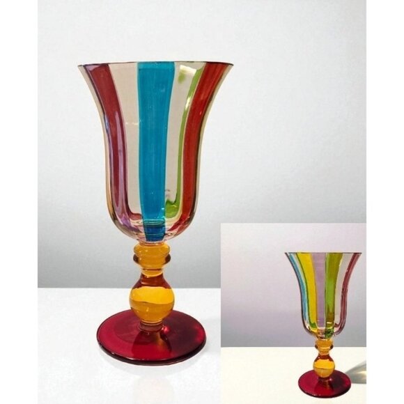 Pier 1 Fiesta Carnival Goblets, 12 oz, Hand-painted, Bright Rainbow Striped 8"T - Picture 1 of 4